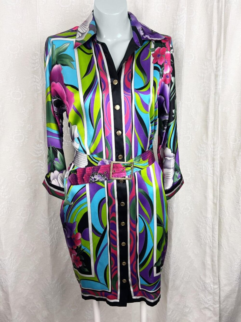Vintage silk belted shirt dress bold colorful floral retro Cache party cocktail
